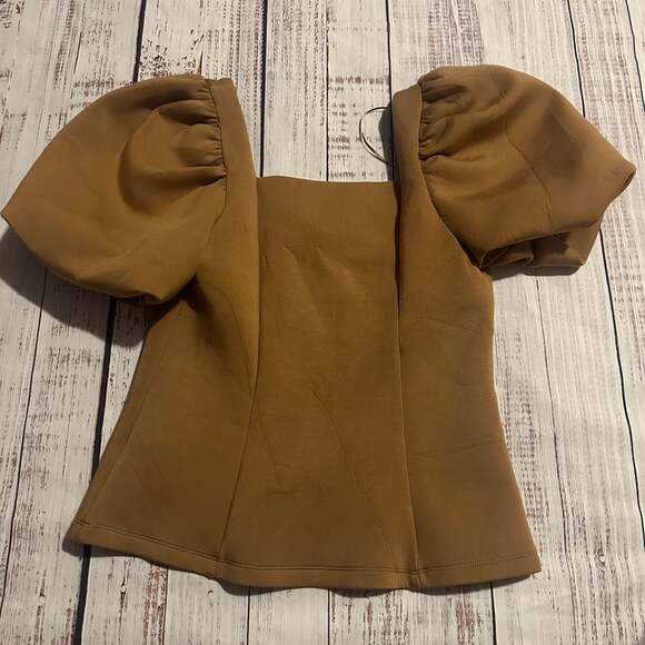 English Factory Tops - English Factory Scuba Knit Puff Sleeve Y2K v-Neck Neck Top in Tan-S